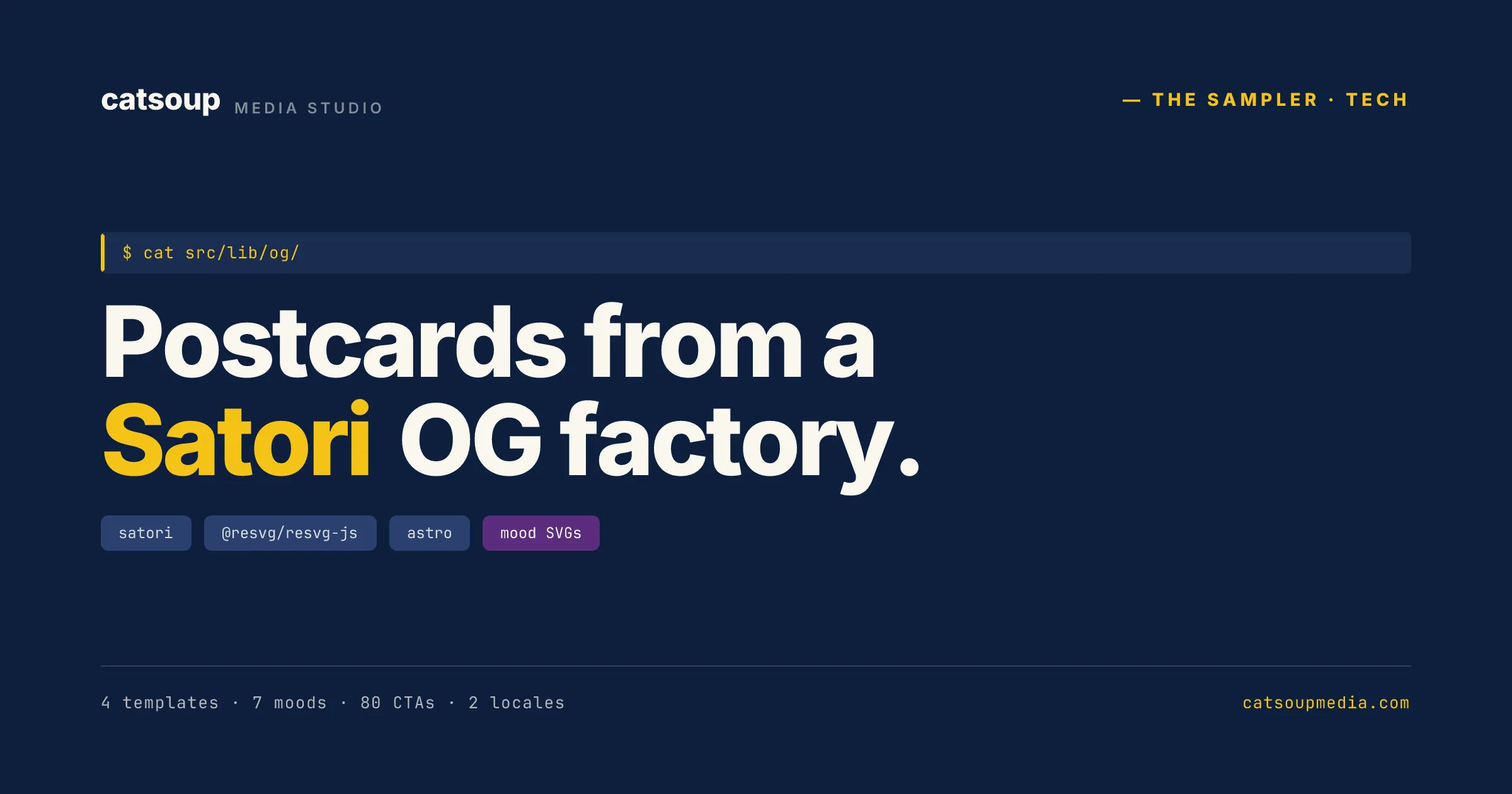 Navy poster reading "Postcards from a Satori OG factory." with tech badges underneath — satori, @resvg/resvg-js, astro, mood SVGs.