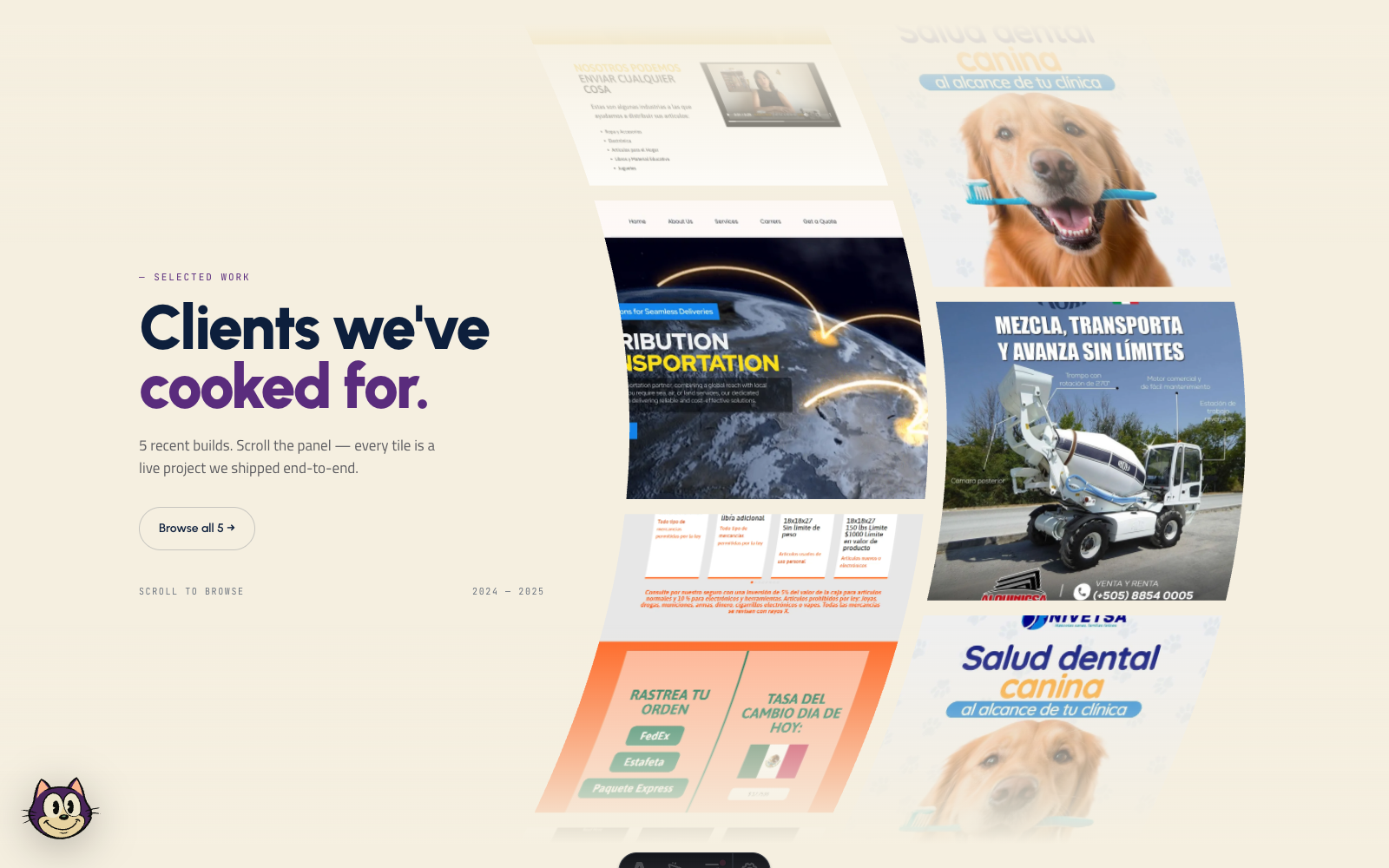 The WebGL portfolio carousel mid-transition.